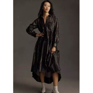 NWT Pilcro Long-Sleeve V-Neck Metallic High-Low Dress (Black)